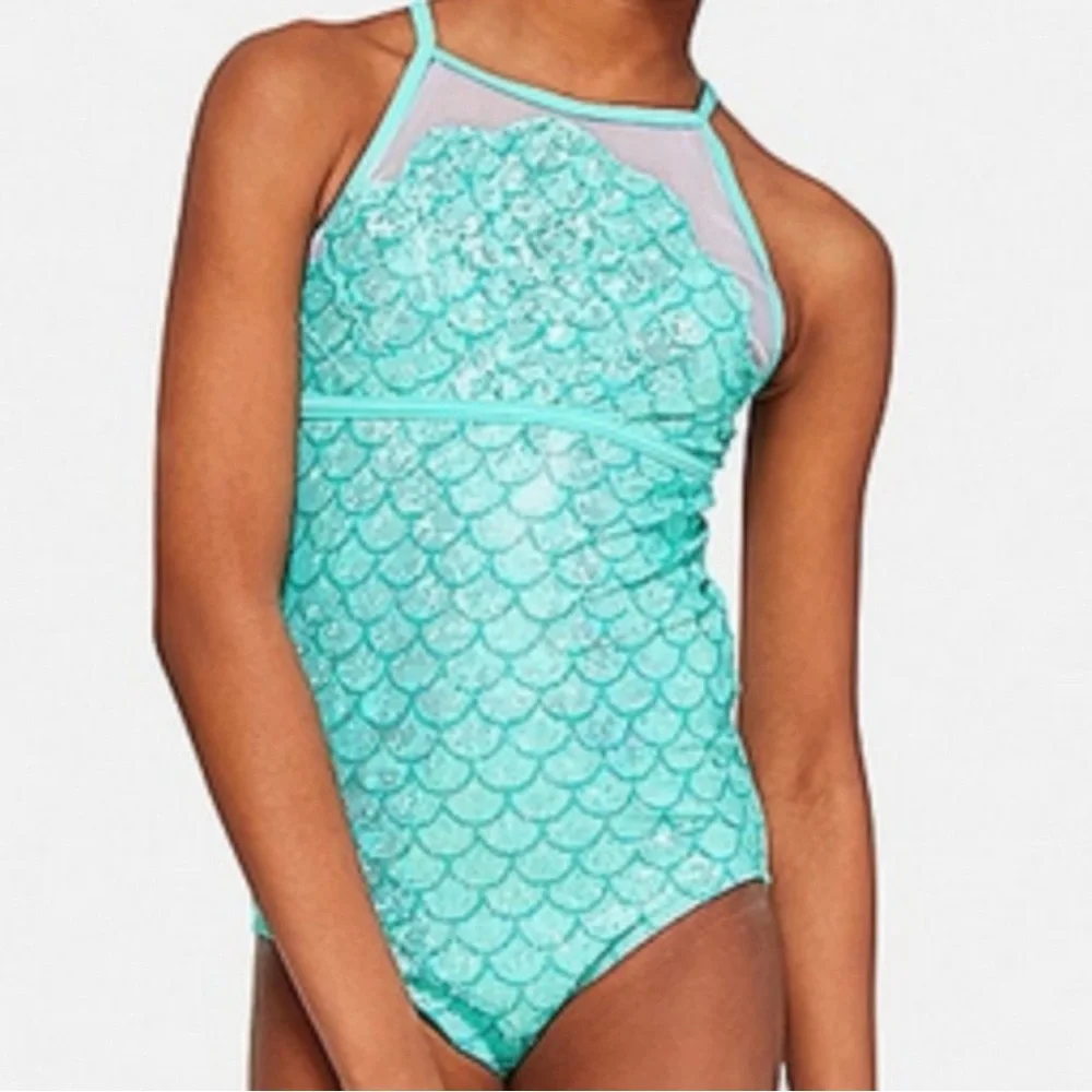 Justice Turquoise & Silver Mermaid Scale One Piece Swimsuit Girls Size 12